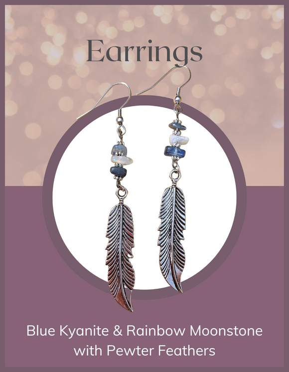 Jewelry - Earrings - Blue Kyanite & Rainbow Moonstone with Feathers